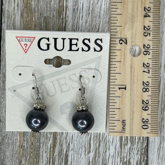 3/$15 GUESS Silver Tone White Rhinestone Gray Faux Pearl Fishhook Earrings - Picture 6 of 6